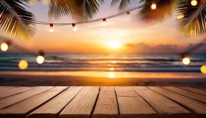 wooden table with defocused tropical beach sunset in background adorned with string lights and palm leaves creating a serene ambiance