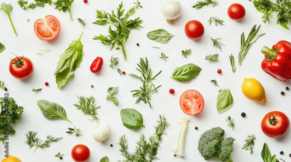 Poster pattern of vegetables and herbs on a light background, providing a fresh and inviting backdrop with 