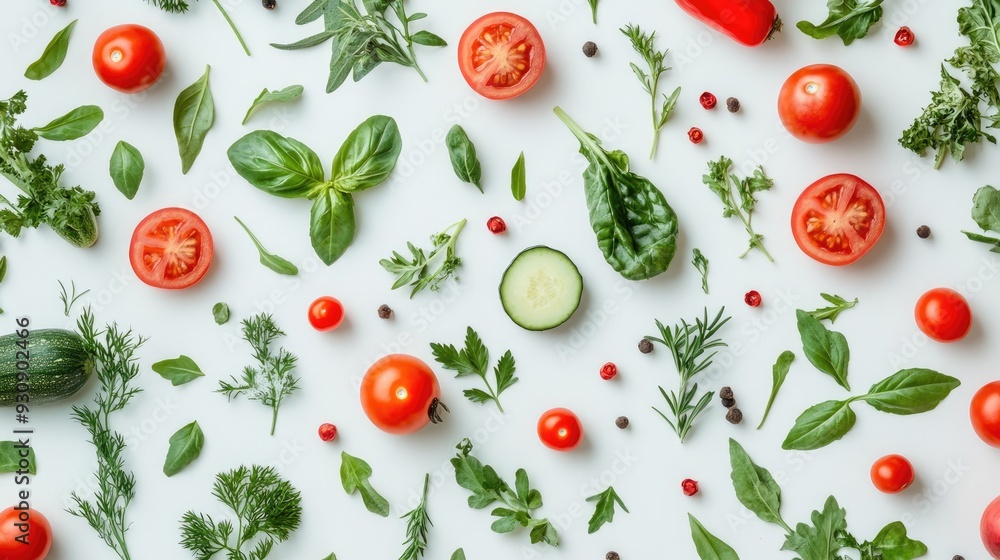 Poster pattern of vegetables and herbs on a light background, providing a fresh and inviting backdrop with 