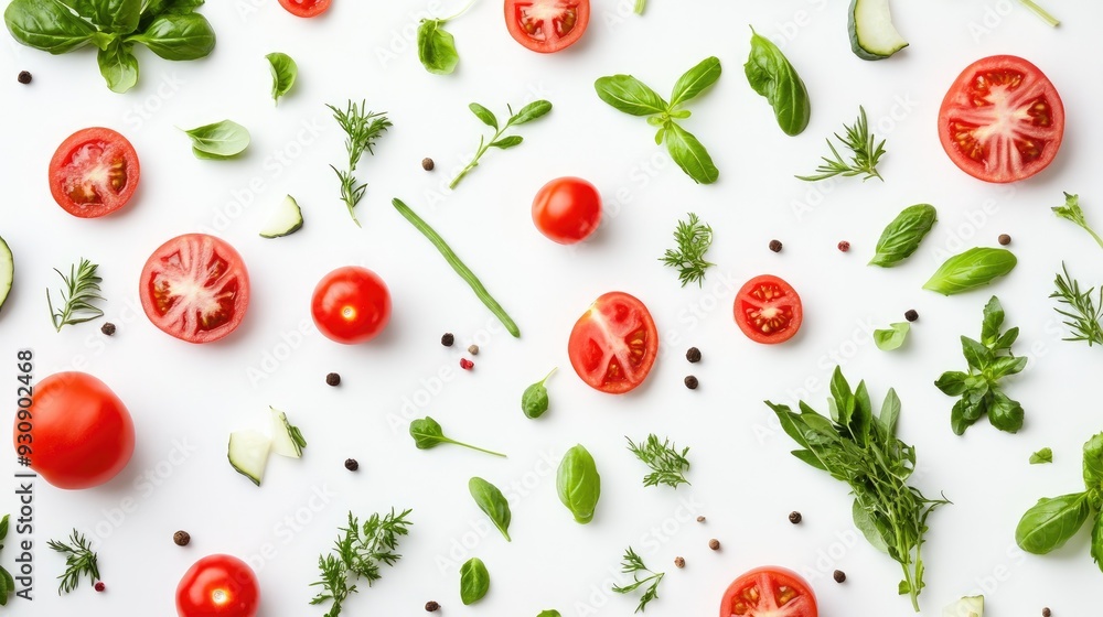 Poster pattern of vegetables and herbs on a light background, providing a fresh and inviting backdrop with 