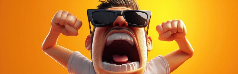 3D Cartoon of a Cool Guy with Sunglasses Going Wild Yelling with Angry Expression and Arms in the Air Frustration Theme