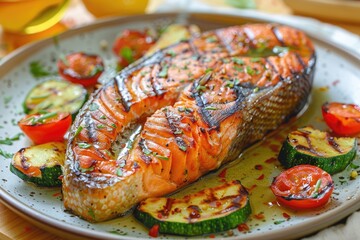 Close-up of grilled salmon steak with vegetables on a plate