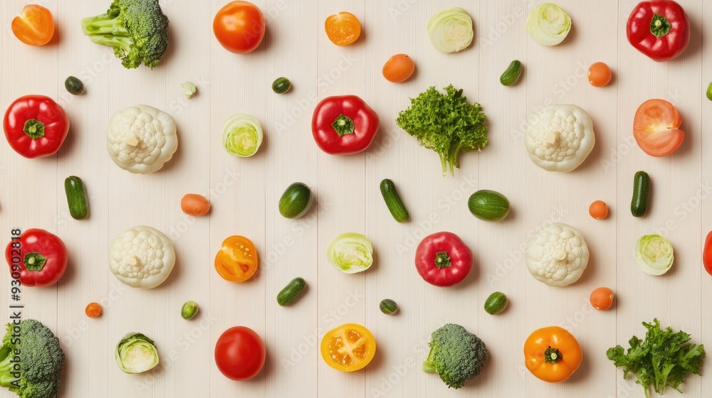 Poster repeating pattern of vegetables on a light wood background, perfect for adding copy space in the cen