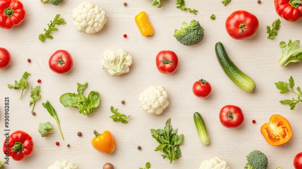 Poster repeating pattern of vegetables on a light wood background, perfect for adding copy space in the cen
