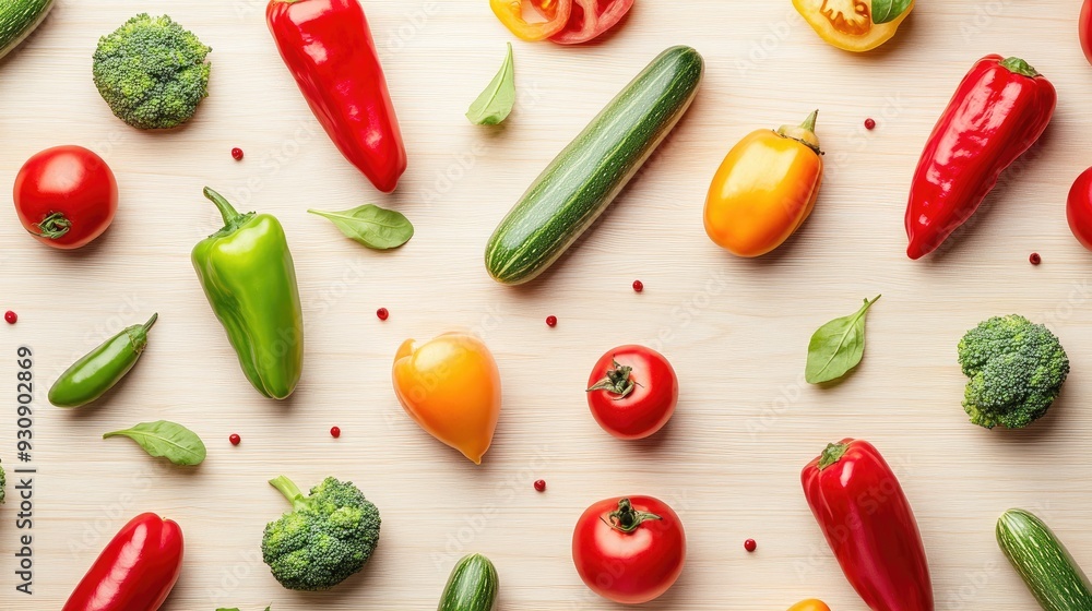 Aufkleber repeating pattern of vegetables on a light wood background, perfect for adding copy space in the cen