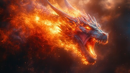 Fototapeta premium Fiery Dragon Head with Open Mouth and Glowing Eyes