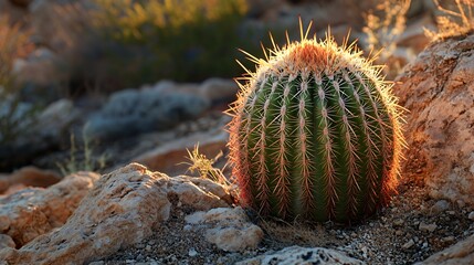 A close-up of a green barrel cactus with sharp spines, illuminated by the warm glow of the setting sun against a backdrop of rough, sun-baked rocks.