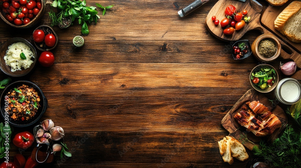 Poster rustic wooden table with scattered food elements, providing a rich background with ample space for t