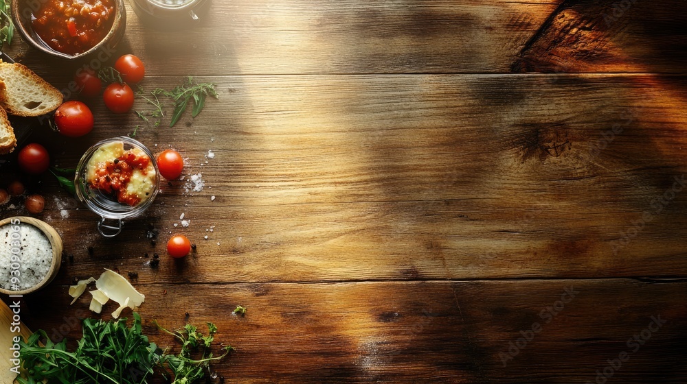 Poster rustic wooden table with scattered food elements, providing a rich background with ample space for t