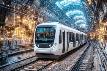 Naklejka premium Modern metro train arriving at a futuristic underground station highlighting the innovation and technological advancements in public transportation infrastructure