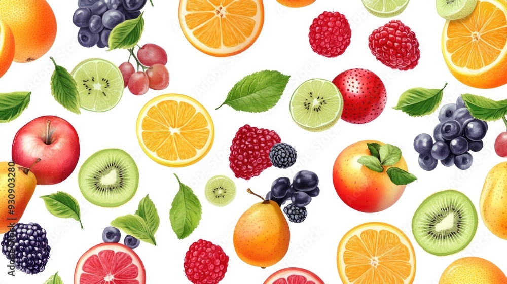 Poster seamless pattern of colorful fruits on a white background, providing ample space for text or design.
