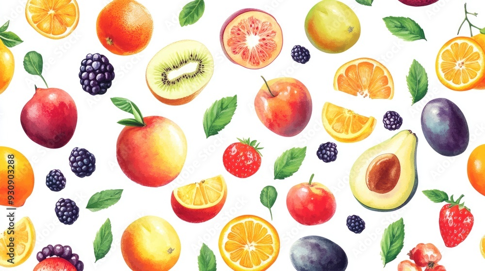 Poster seamless pattern of colorful fruits on a white background, providing ample space for text or design.
