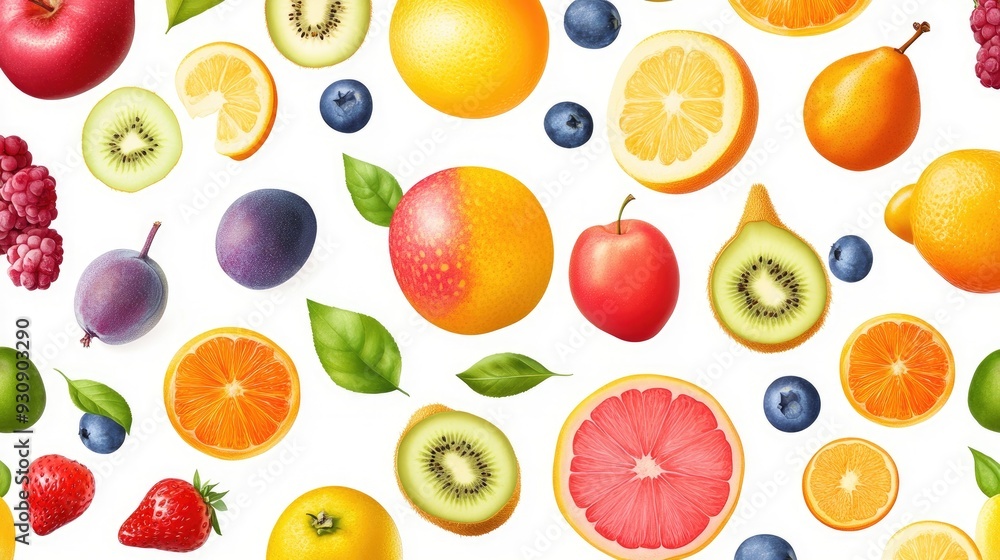 Poster seamless pattern of colorful fruits on a white background, providing ample space for text or design.