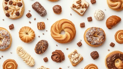 Seamless pattern of baked goods on a white surface, providing plenty of room for creative content.