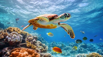 Obraz premium Sea Turtle Swimming Through Coral Reef