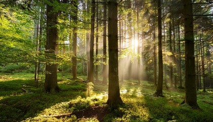 dappled sunlight through forest canopy nature background