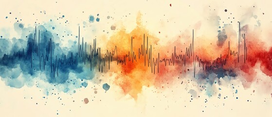 Fototapeta premium Vibrant watercolor sound wave , blending colors of blue, orange, and red. Perfect for music and art themes.