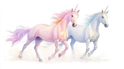 Fototapeta premium Two unicorns running in the snow