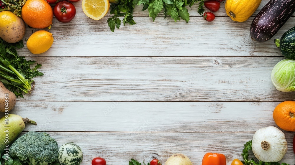 Poster white wooden background with fresh produce placed around the edges, perfect for adding text in the c