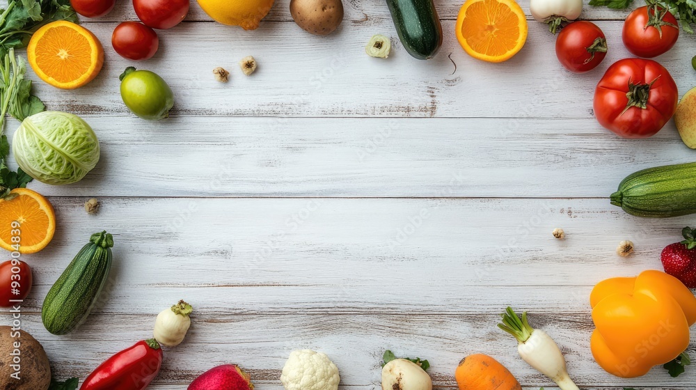 Poster white wooden background with fresh produce placed around the edges, perfect for adding text in the c