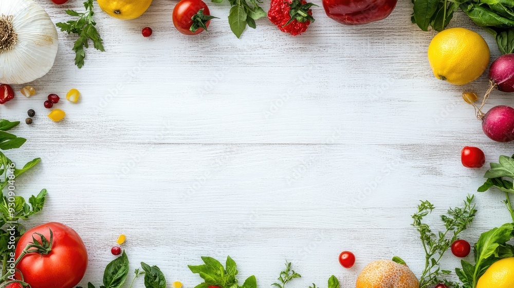 Poster white wooden background with fresh produce placed around the edges, perfect for adding text in the c