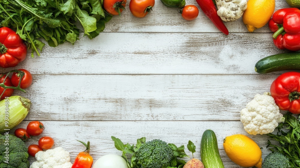 Poster white wooden background with fresh produce placed around the edges, perfect for adding text in the c