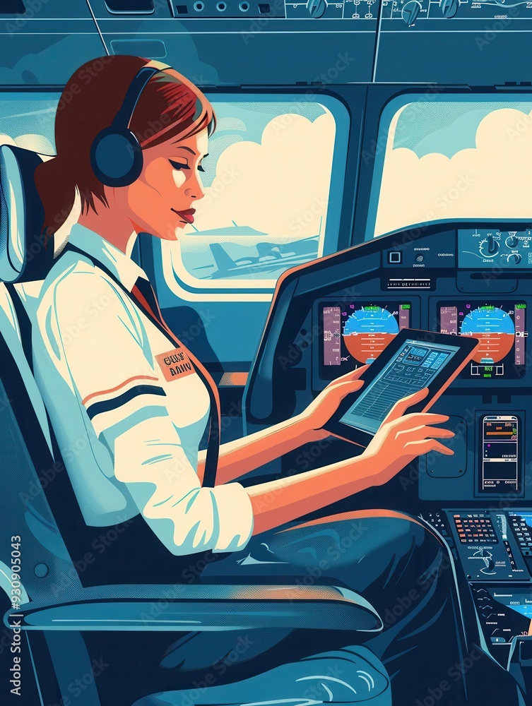 Poster A flight attendant is focused as she reviews documents on a tablet while seated in the cockpit, surrounded by cockpit instruments and controls. Generative AI