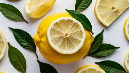 Background image of lemon slices and scattered lemon leaves