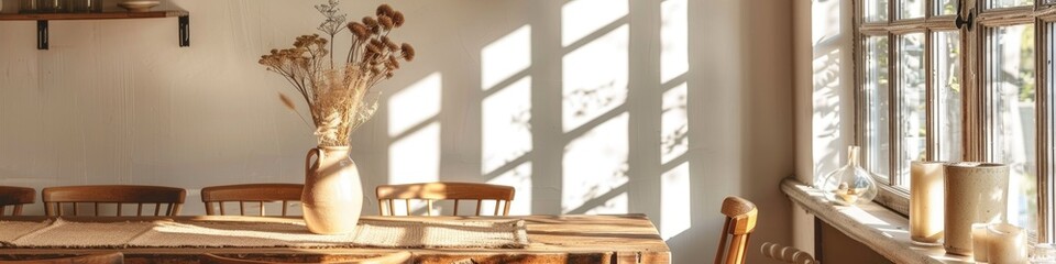 Fototapeta premium Chic Rustic Dining Area Featuring a Walnut Table, Vintage Chairs, Decorative Elements, Dried Flowers in a Vase, and a Mockup Picture Frame in a Minimalist Decor Style Template