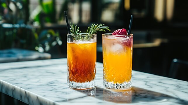 Two refreshing summer cocktails with ice, raspberry, and rosemary garnish on a marble counter.