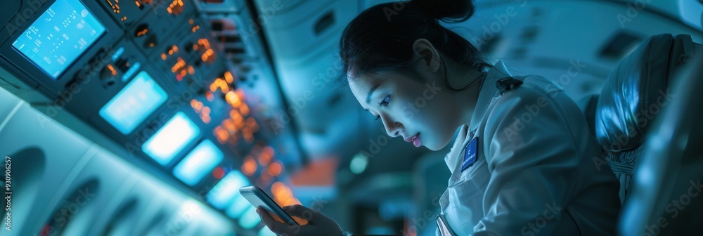 Poster a flight attendant is focused on her smartphone while seated in the cockpit, preparing for the upcom