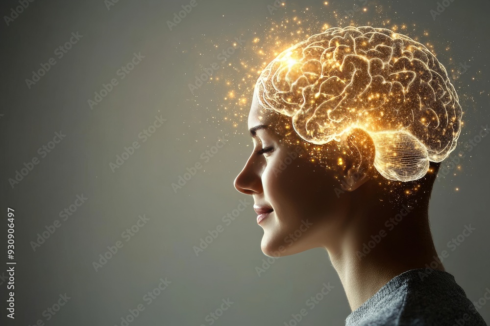 Aufkleber side profile of a woman with a glowing brain illuminated by golden neural pathways representing crea