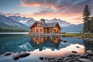 Obraz premium Rustic Log Cabin by a Tranquil Lake with a Stunning Mountain View