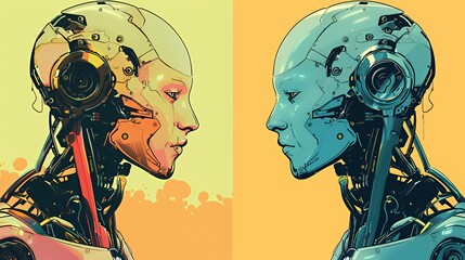 Two robotic android heads with exposed circuitry facing each other, one in warm tones and the other in cool tones.