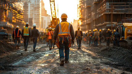 A busy construction site filled with construction workers engaged in various tasks, lifting heavy materials, pouring concrete,