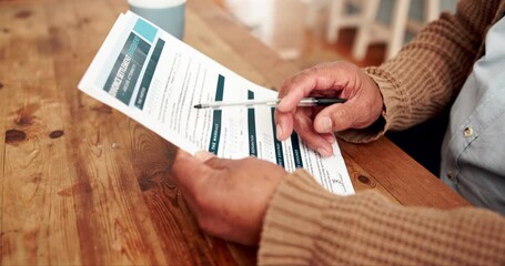 Home, senior man and hand with legal document by table for divorce information, review and contract. Family law, paper and person with pen by marital policy for settlement, agreement and signature