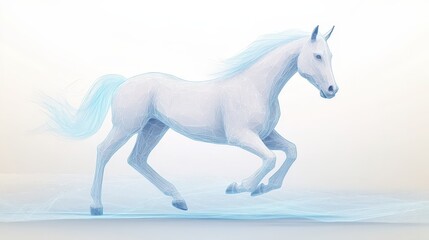 A white horse is running through a body of water