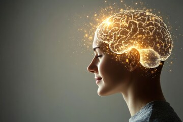 Side profile of a woman with a glowing brain illuminated by golden neural pathways representing creativity intelligence and mental energy in a high tech futuristic setting