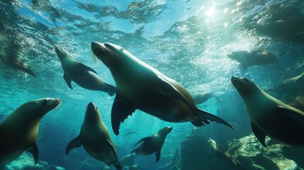 Obraz premium Sea Lions Swimming Underwater