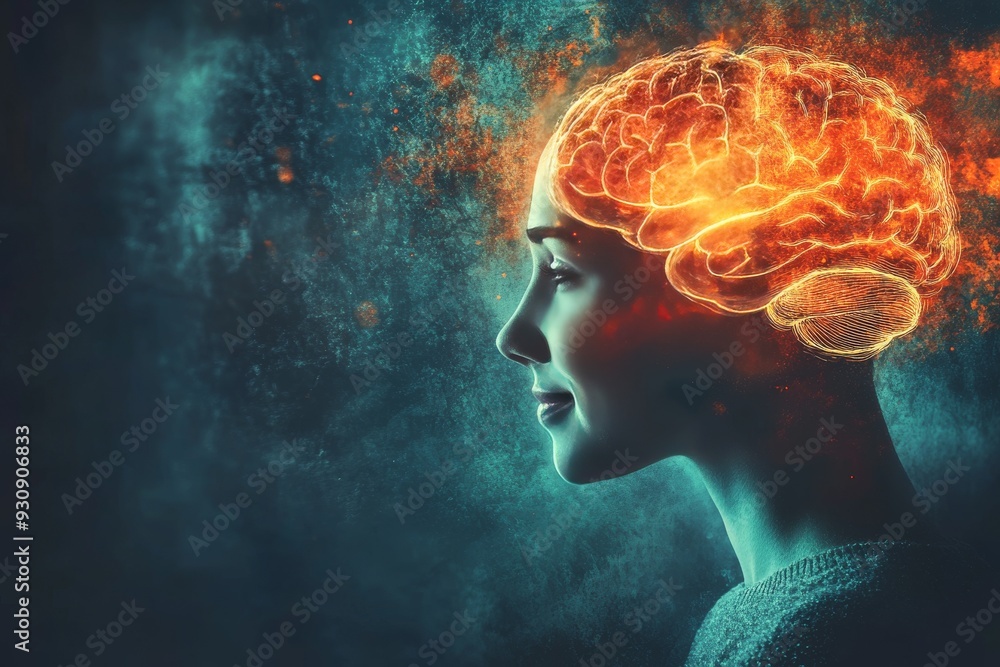 Poster side profile of a woman with a glowing digital brain network set against a dark background symbolizi