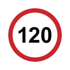 Speed limit 120 round road traffic icon sign flat style design vector illustration isolated on white background. Circle standard road sign with number 120kmh.
