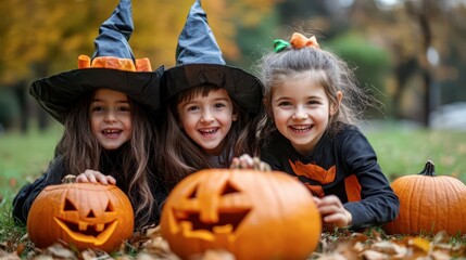 Three children in witch hats carving pumpkins outdoors in autumn
