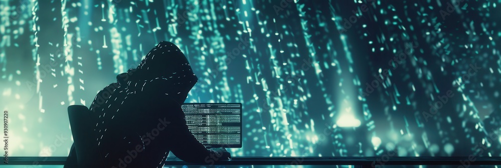 Aufkleber A lone hacker types on a computer, illuminated by a screen filled with flowing matrix-style code in a dark environment. Generative AI