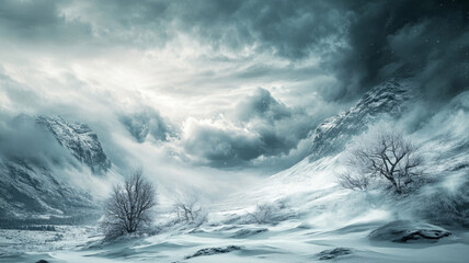 A dramatic landscape engulfed by a fierce winter storm, dark swirling clouds, heavy snowfall covering rugged mountains