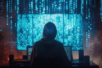 A hacker in a hoodie focuses intently on computer screens displaying intricate, falling lines of code in a dimly lit room. Generative AI