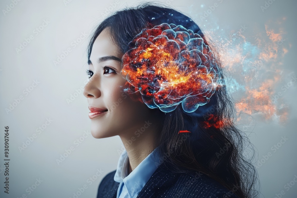 Canvas Prints Portrait of a woman with a glowing brain surrounded by fiery abstract elements representing intense creativity passion and the power of thoughts in a vibrant conceptual design