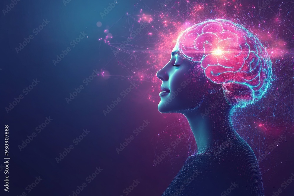Aufkleber profile of a woman with a glowing brain surrounded by a cosmic starry background symbolizing the lim