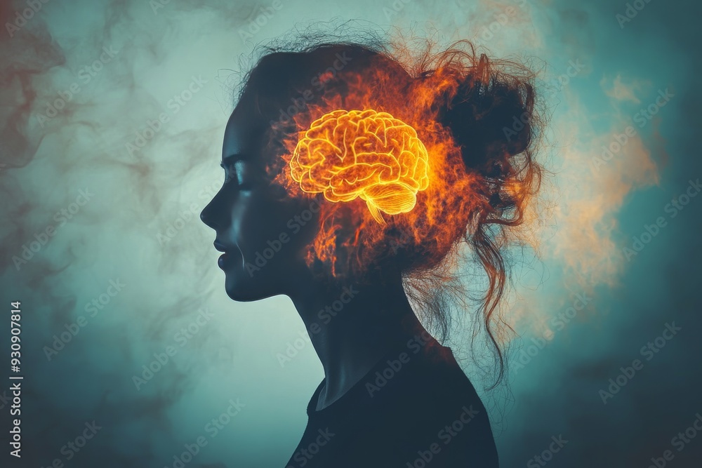Poster silhouette of a woman with a fiery glowing brain in a dark moody setting symbolizing deep thought cr