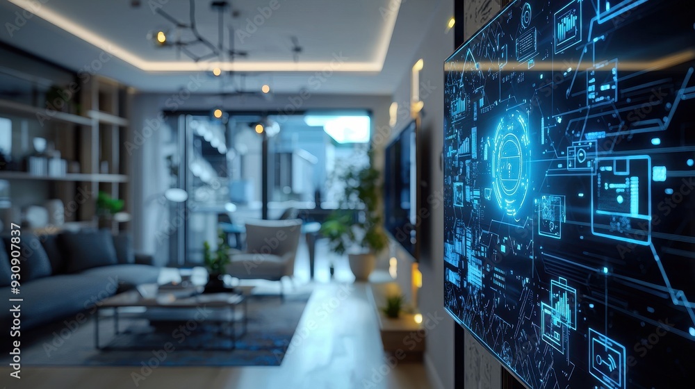 Poster smart home automation system control panel interface on a tv screen