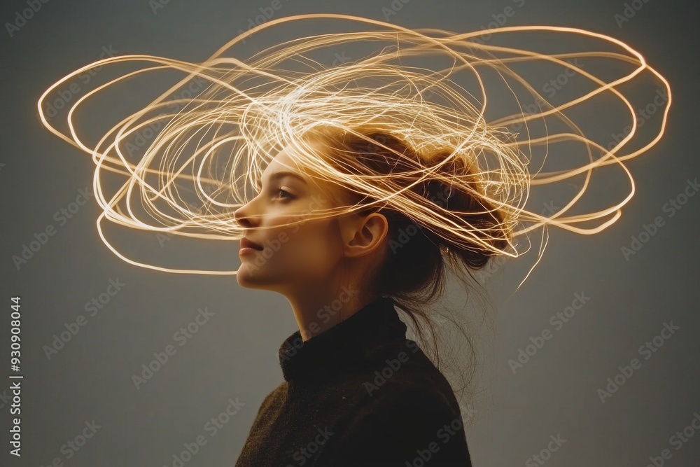 Poster close up of a woman with a glowing brain made of light trails symbolizing the flow of thoughts creat